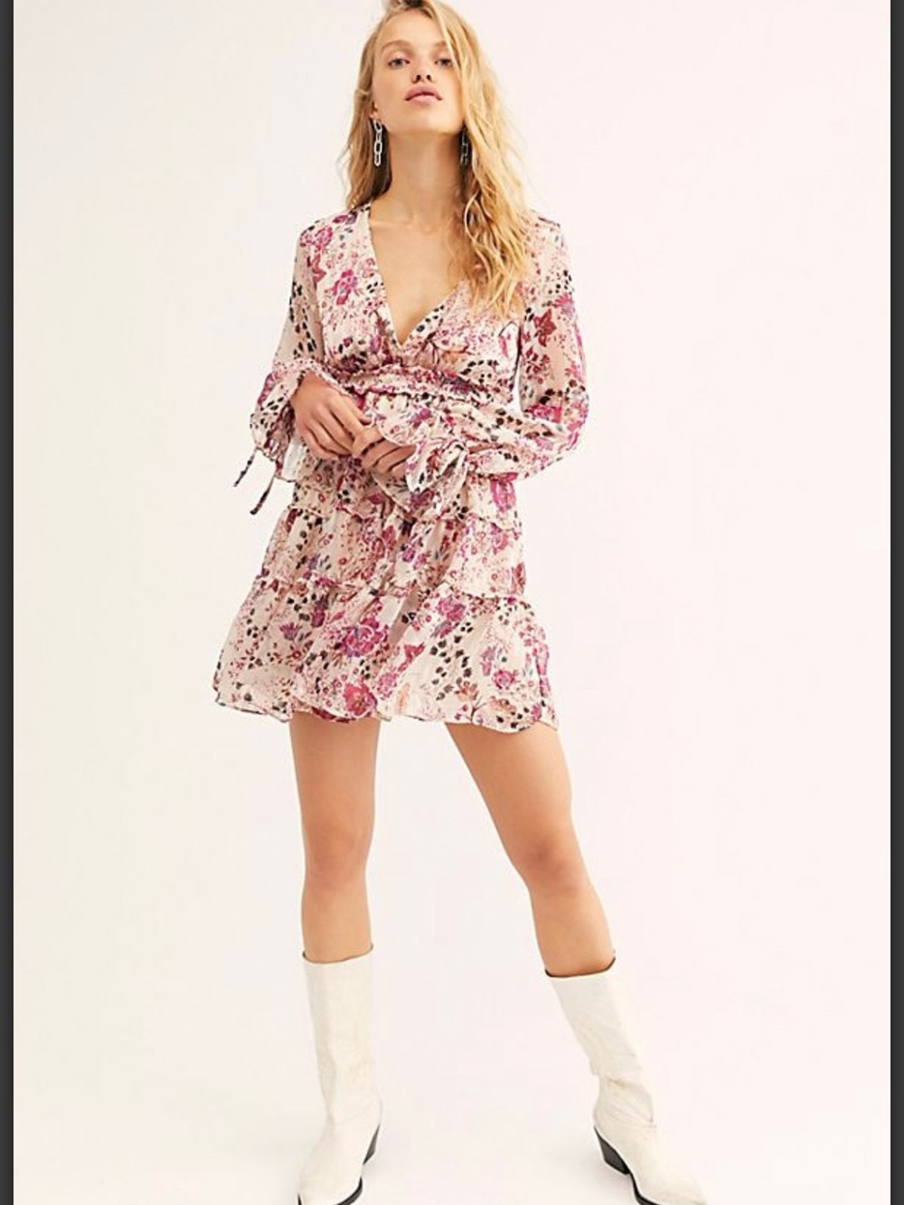Free People Closer To The Heart Floral V-Neck Long Sleeve Mini Dress in Pink